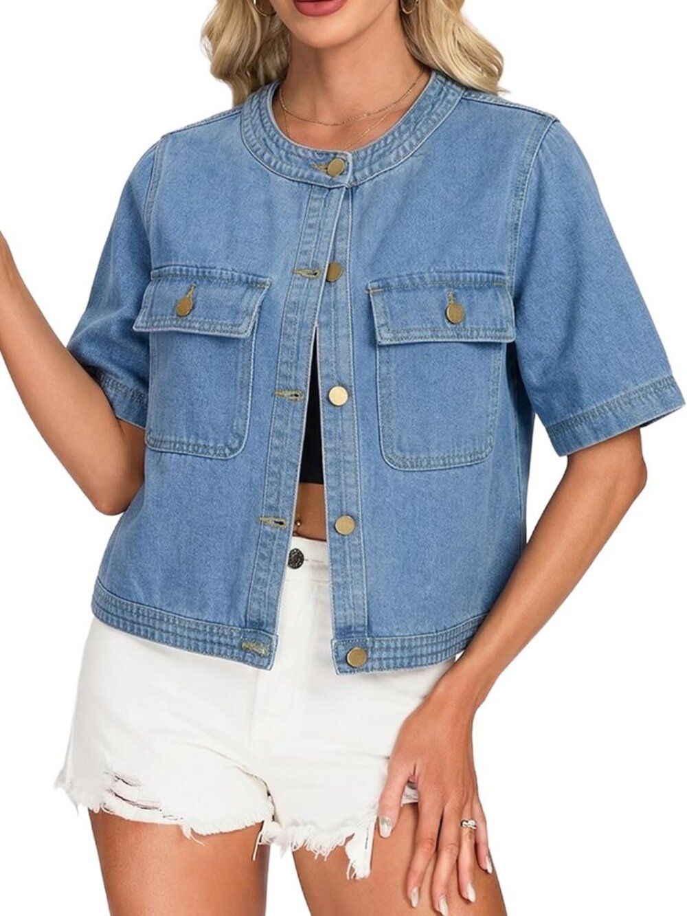 Women's Light Blue Short Sleeve Denim Cropped Collarless Button Down Jean Jacket